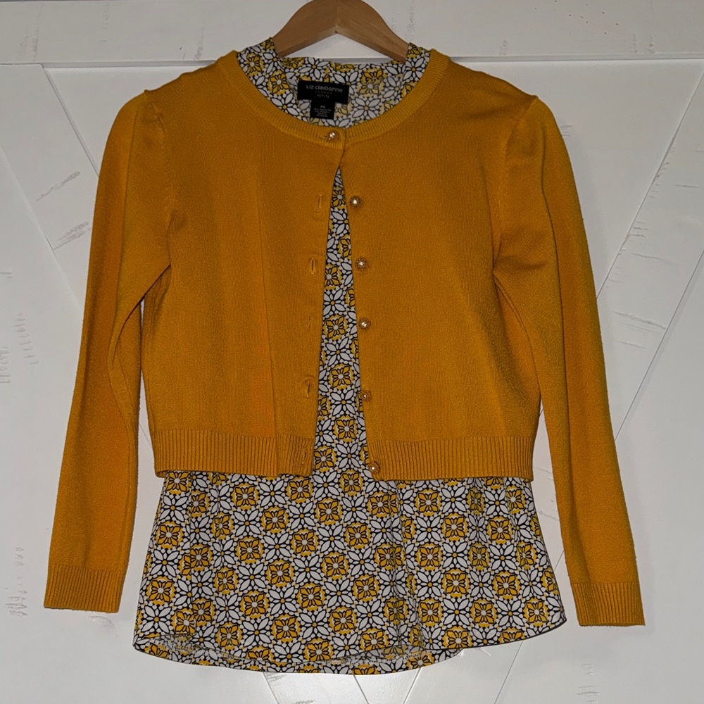 Liz Claiborne Yellow and Black Patterned Top and Yellow Cardigan